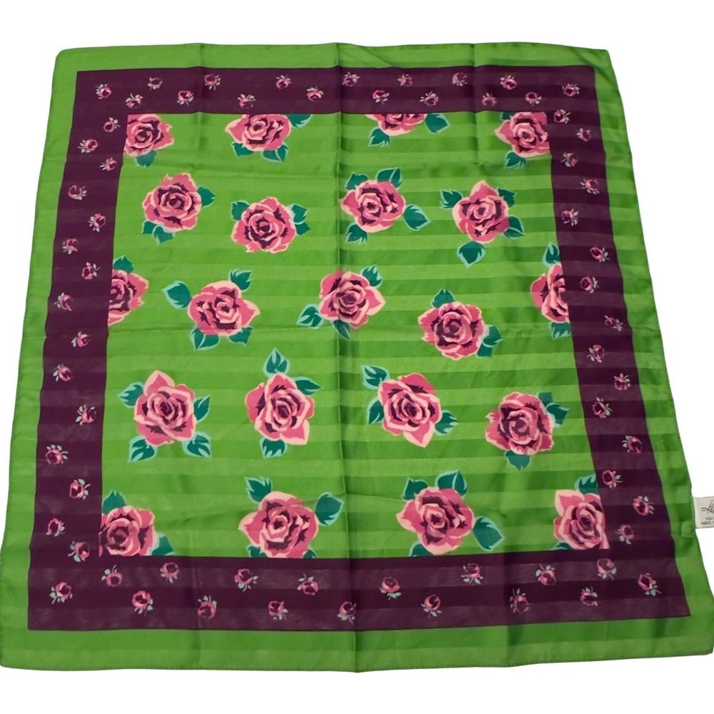 Kathie Lee Vtg Scarf Green Purple Pink Rose Floral Striped Square‎ Italy Y2K 90s
